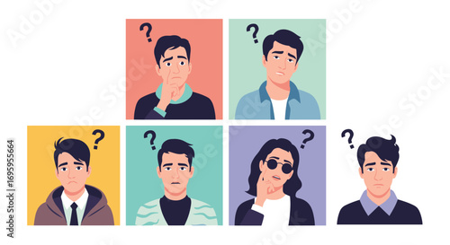 Confused faces with question marks above their heads representing doubt uncertainty and thoughtful consideration