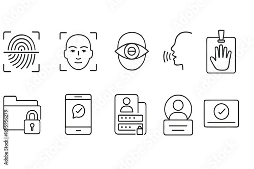 Biometric security outline icon set. fingerprint, password, facial recognition icons