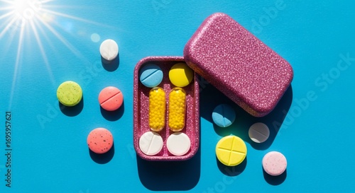 Colorful vitamin pills scattered with sparkling pill organizer