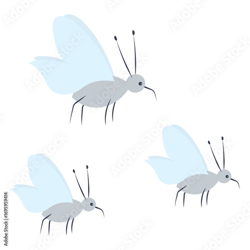 Three mosquitoes. Gray blood-sucking insect with a sharp proboscis and blue wings. Color vector illustration. Flat style. Creature with antennae, carrier of diseases. Isolated white background. 