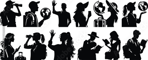 Traveler Lifestyle Silhouettes Backpackers, Tourists, Business People, and Modern Travel Vector Set
