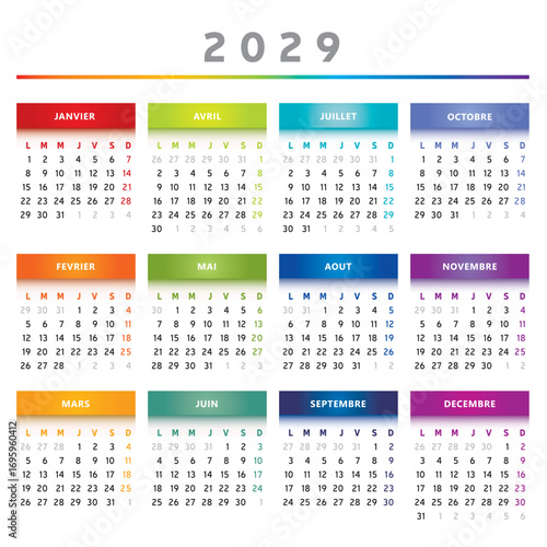 Calendrier Année 2029 en Français - Couleurs Arc-en-Ciel Format 4 Trimestres