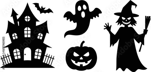 Spooky Halloween silhouettes of a haunted house, ghost, witch, and jack-o'-lantern.