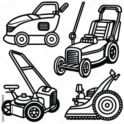 Lawn Care Equipment Icon Set – Black and White Illustrations of Mowers, Edgers, and Garden Machines for Landscaping Design