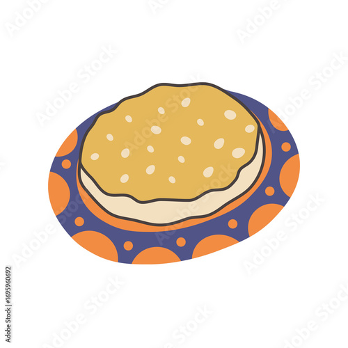 Khobz Moroccan Flatbread Hand Drawn Illustration. Round baked pastry from Maghrebi cuisine, rustic circle meal with wheat dough, handmade food drawing. Flat Vector