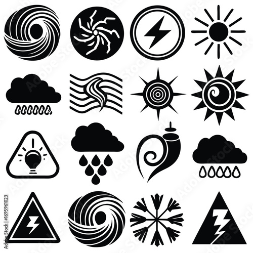 Weather & Nature Icon Grid – Black Environmental Symbols of Storms, Sun, Water, and Pressure Systems