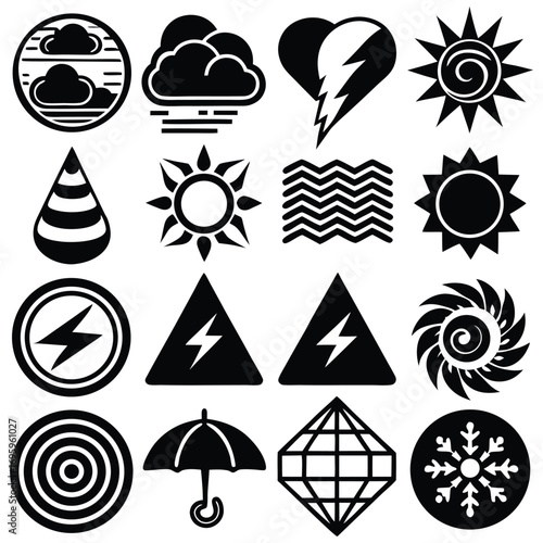 Weather & Nature Icon Grid – Black Environmental Symbols of Storms, Sun, Water, and Pressure Systems