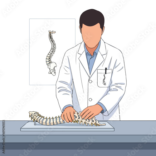 Male doctor in a white lab coat examining a human spine model.