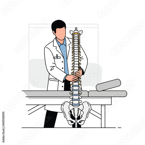 Male Doctor in Lab Coat Demonstrating with a Human Spine Model.