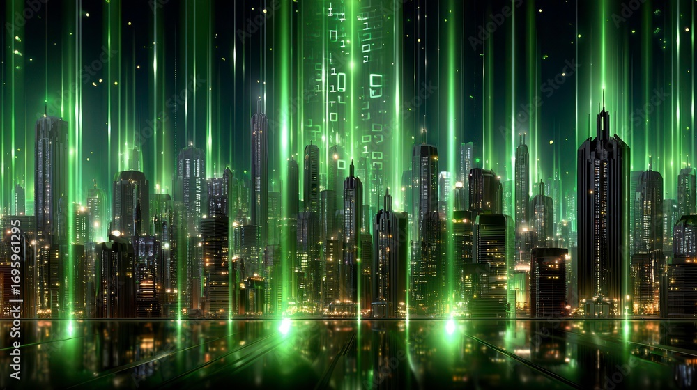 Fototapeta premium Cyberpunk Cityscape Green Data Streams - Future Tech Visual