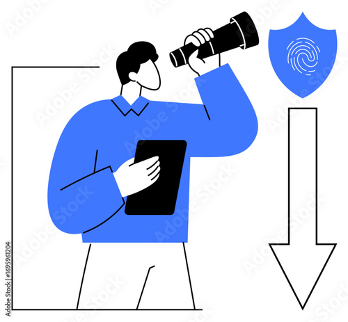 Man holding tablet and telescope near fingerprint security shield and downward arrow. Ideal for privacy, data analysis, technology, cybersecurity, exploration, innovation, strategy concepts. Simple