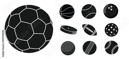 Sports ball set designs in black style. Soccer, tennis, softball, cricket, bowling, rugby, pickleball, hockey, golf and more.