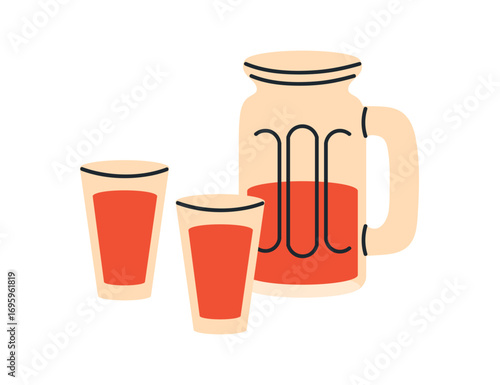 Jug and glasses with fruit juice. Pitcher with cold refreshing berry beverage. Fruity summer drink, natural vitamin mors, liquid refreshment. Flat vector illustration isolated on white background