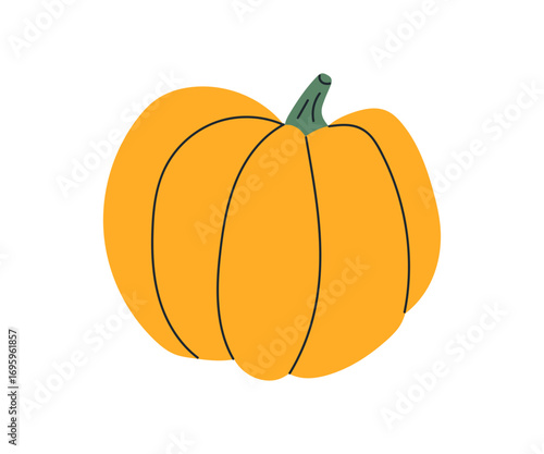 Pumpkin with stem. Round orange vegetable, autumn crop for seasonal cooking, Halloween, October holiday. Fall squash harvest, food icon. Flat vector illustration isolated on white background