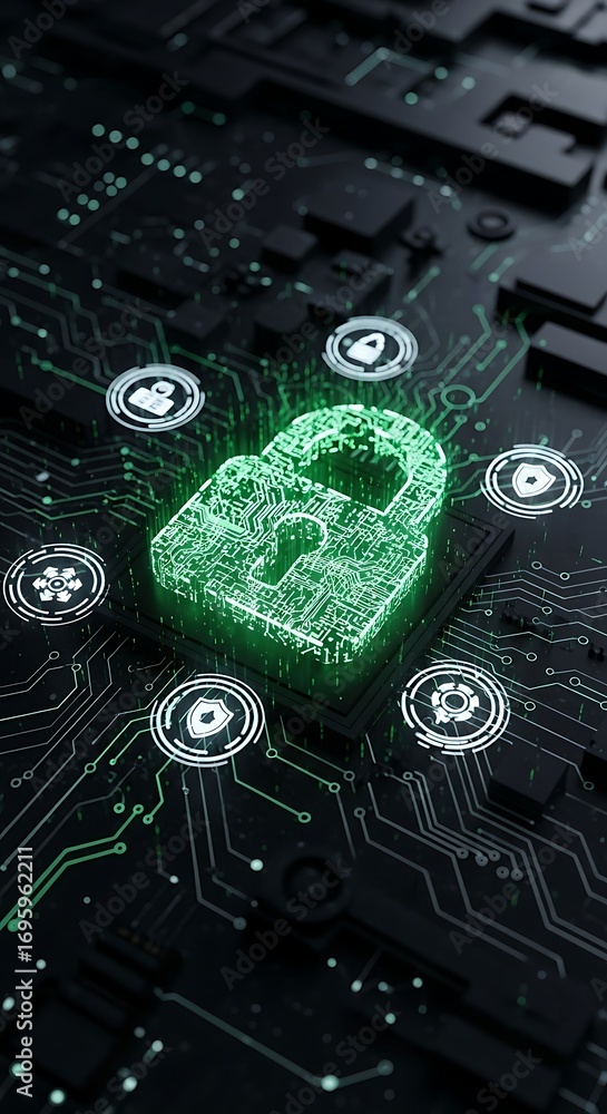 Fototapeta premium Cybersecurity digital lock glowing green representing secure data and advanced network protection