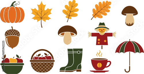 Vibrant autumn collection of seasonal icons including leaves, pumpkin, and hot drink