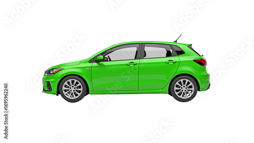 green car isolated on white. side view of white hatchback car isolated on transparent background