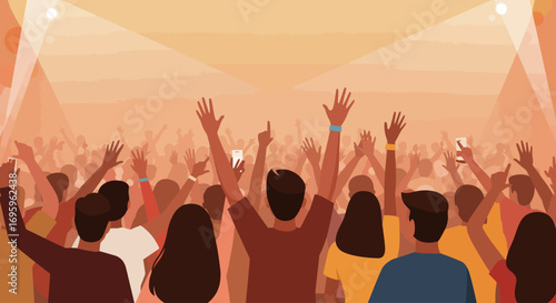 This flat design vector illustration captures the excitement of a diverse audience cheering and celebrating at a vibrant music festival. The minimalist 2D artwork conveys a sense of community and joy.