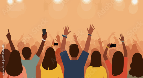 This flat design vector illustration captures the excitement of a diverse audience cheering and celebrating at a vibrant music festival. The minimalist 2D artwork conveys a sense of community and joy.