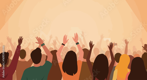 This flat design vector illustration captures the excitement of a diverse audience cheering and celebrating at a vibrant music festival. The minimalist 2D artwork conveys a sense of community and joy.