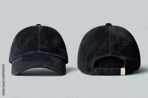 Two views of a dark navy blue corduroy baseball cap