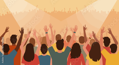 This flat design vector illustration captures the excitement of a diverse audience cheering and celebrating at a vibrant music festival. The minimalist 2D artwork conveys a sense of community and joy.