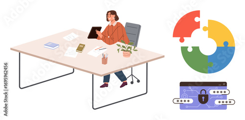 Professional woman using a tablet at office desk with books, notes, potted plant nearby colorful puzzle diagram and password lock interface. Ideal for work collaboration, analysis, problem-solving