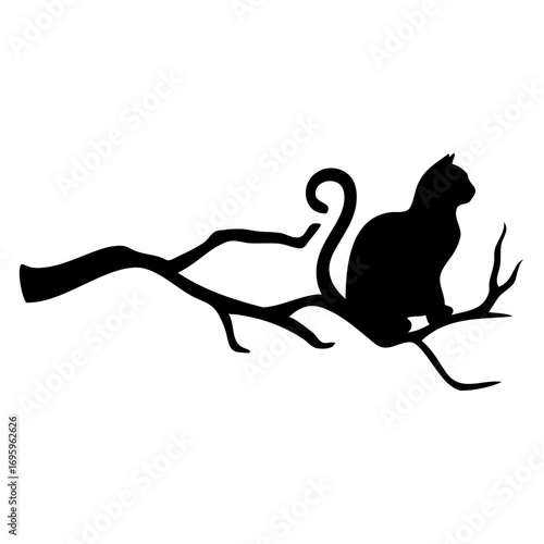 Logo con silueta de gato sentado en una rama de árbol para felicitaciones y tarjetas de Halloween