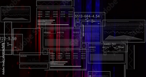 Floating wireframe panels displaying readouts and waveforms over red purple blue gradient backdrop