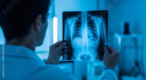 Doctor examines patient's X-ray in modern clinic setting