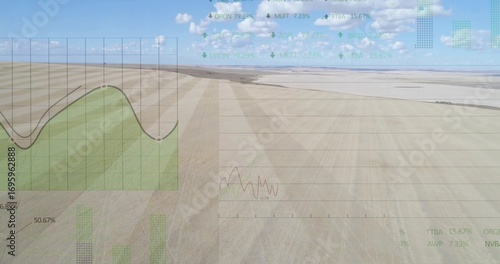 Showing green overlay on fields with area graph, tickers and trend lines, copy space