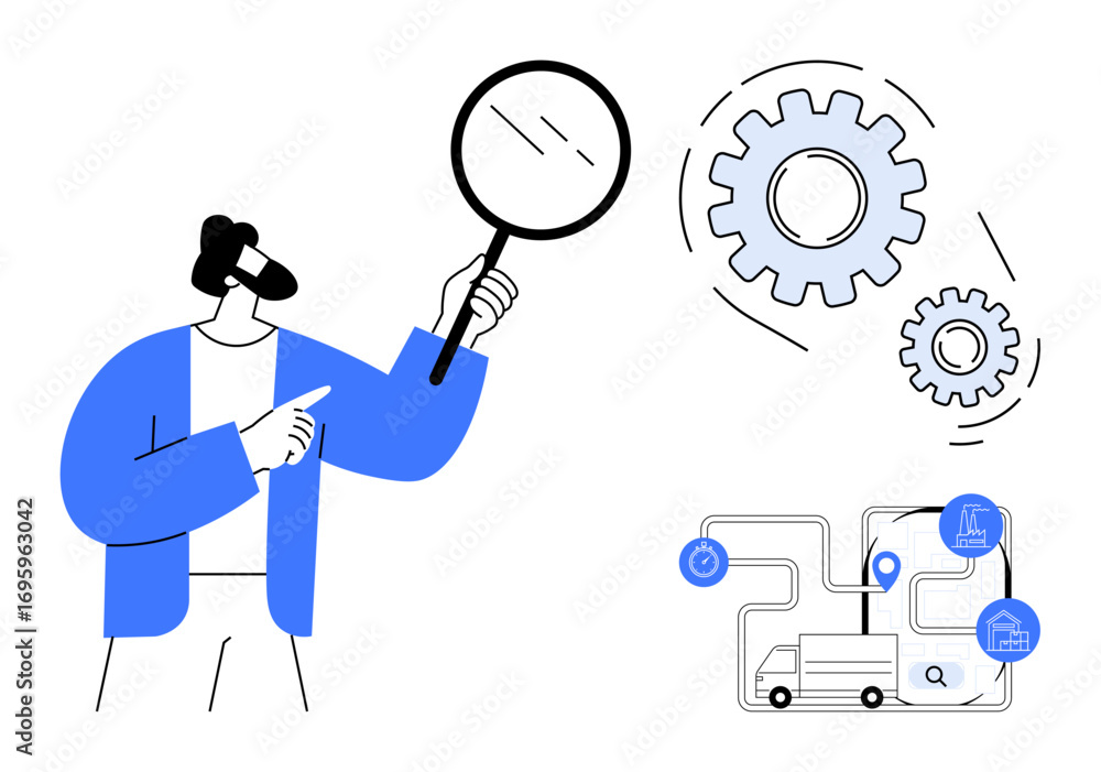 custom made wallpaper toronto digitalPerson holding magnifying glass pointing at system with gears, truck, data points. Ideal for logistics, efficiency, technology, process management, analysis delivery research. Clean flat metaphor