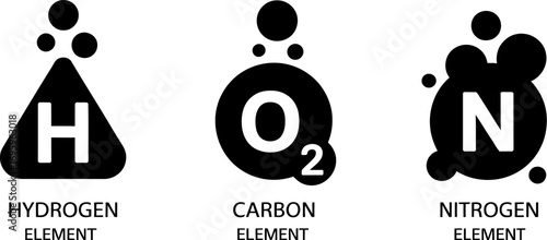 Chemical element symbols H, O2, and N with bubbling effect