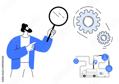 Wallpaper Mural Person holding magnifying glass pointing at system with gears, truck, data points. Ideal for logistics, efficiency, technology, process management, analysis delivery research. Clean flat metaphor Torontodigital.ca