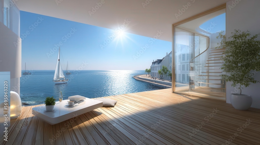 Fototapeta premium Luxury Balcony View, Sea, Modern Architecture, Coastal Living