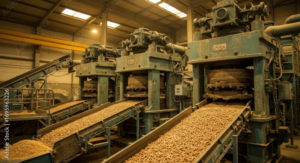 Naklejka premium Industrial machinery processes wood chips into pellets within a large factory setting.