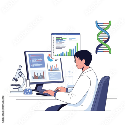 Male scientist in a lab coat analyzing genetic research data on a computer.