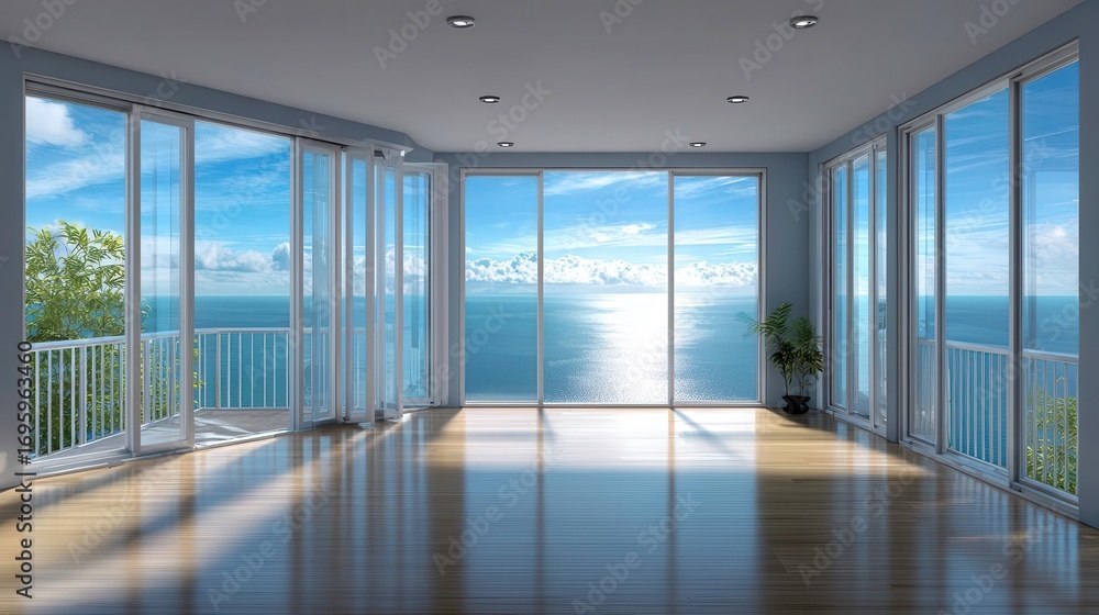 Fototapeta premium Ocean View Luxury Apartment, Modern Interior, Sea, Windows