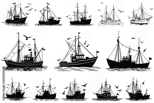 Black silhouette fishing boats and seagulls on water