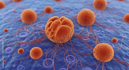 Microscopic world reveals vibrant orange cells with tendrils on blue background