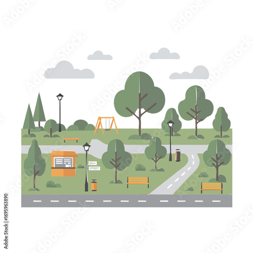 Flat design park illustration with trees benches pathway and food stall