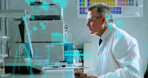 Analyzing scientist wearing lab coat examining monitor with spectrometer tubing in lab, copy space