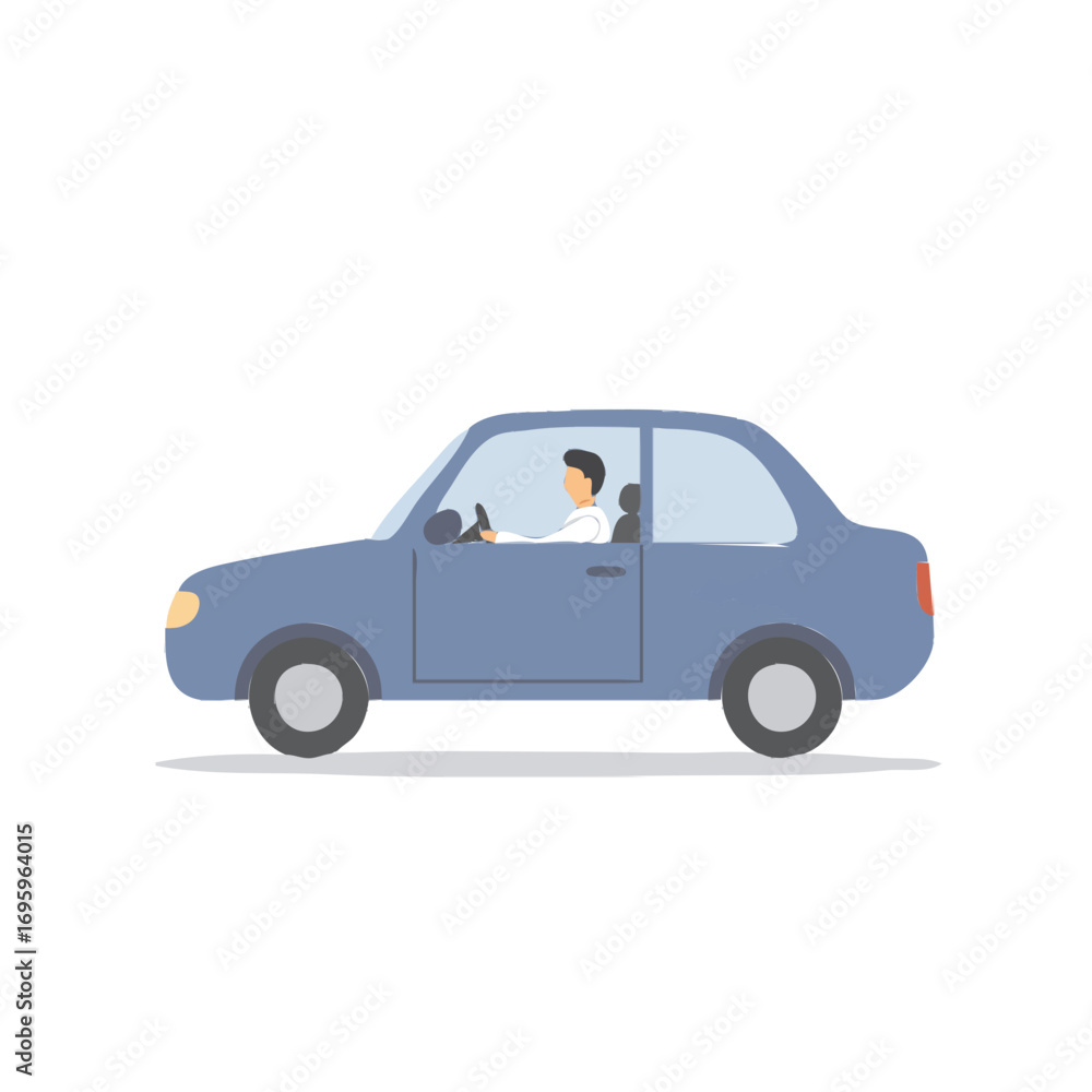 Fototapeta premium Blue car with driver illustration on white background for transport design