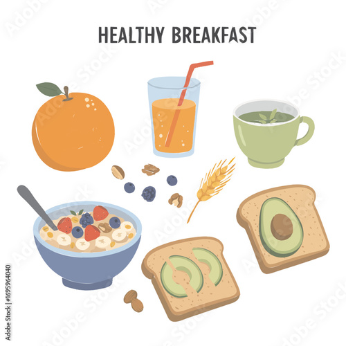 Healthy breakfast concept with orange juice, oatmeal, avocado toast and fresh fruits