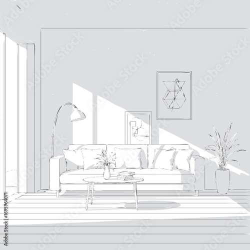 Modern minimalist living room interior design with sunlight and furniture outline