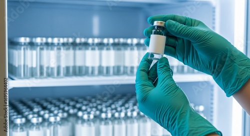 Scientist inspects vaccine vial in cold storage with rows of medicine