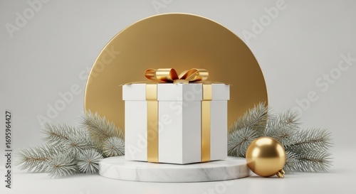 Elegant Christmas Gift Box with Gold Ornament and Fir Branches