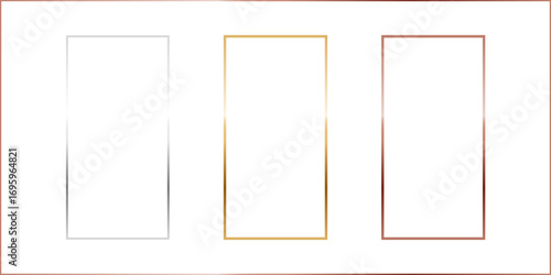 Gold, silver and bronze vertical rectangle thin frames. Metal photo or picture frames isolated on transparent background. Simple object mockup. 3d realistic empty template vector illustration set.