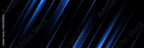 Blue neon diagonal light beams on black background. Glowing electric streaks with smooth reflections and motion blur effect. Futuristic sci-fi lighting backdrop vector.