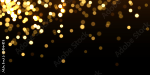 Gold light background with bokeh effect. Golden glittering lights on black background. Festive holiday shiny luxury backdrop. Abstract vector illustration.